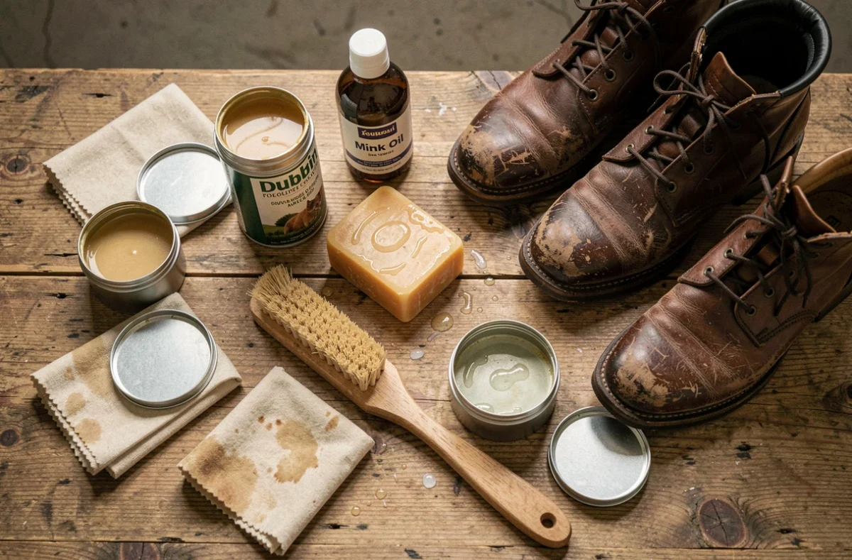 Produits d'entretien pour cuir gras disposés sur une table en chêne avec des bottes en cuir brun