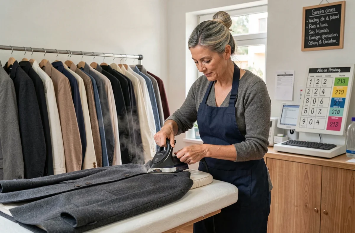 Retoucheuse de Provence Retouches repassant la couture d'un manteau en laine avec un fer à vapeur professionnel dans une boutique de retouche généraliste à Aix-en-Provence