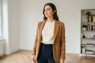 Femme portant un pull sans manche crème sous un blazer camel dans un appartement parisien moderne