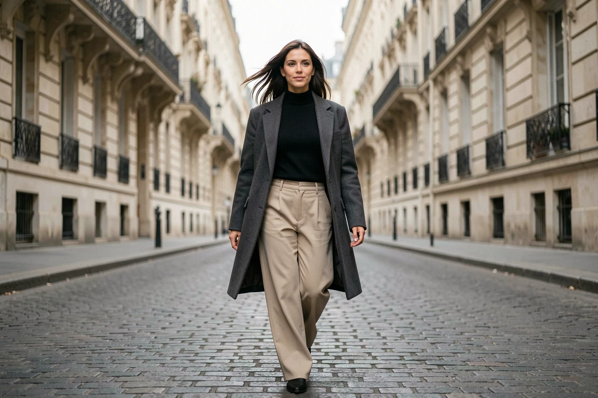 Femme en pull sans manche noir et blazer gris marchant dans une rue pavée parisienne