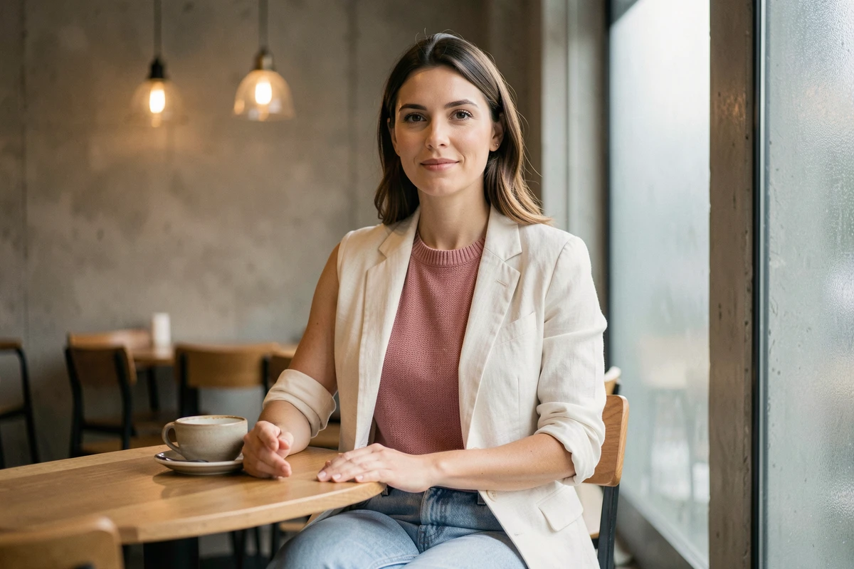 Femme assise en café portant un pull sans manche rose poudré sous un blazer lin ivoire