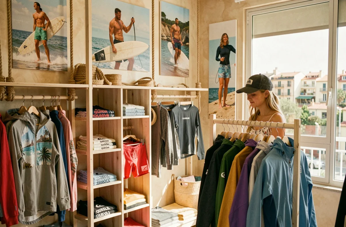 Boutique Quiksilver à Montpellier avec sa décoration aux accents côtiers méditerranéens, ses étagères en bois blanchi et une cliente parcourant les collections de vêtements surf