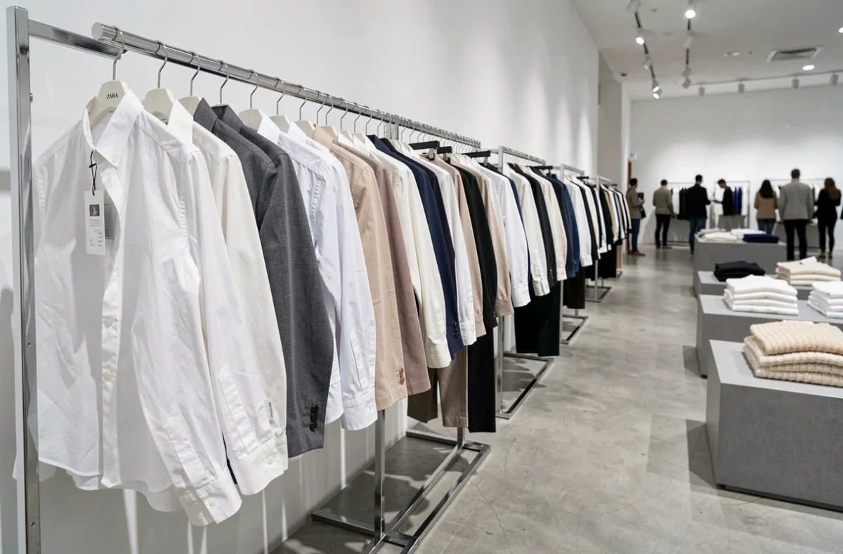 Rangées de vêtements Zara exposés dans un magasin moderne, symbolisant la production de masse et les enjeux éthiques de la fast fashion