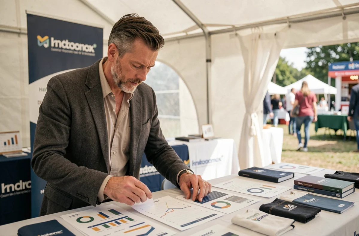 Responsable marketing d'une grande marque analysant des données de vente et des échantillons produits dans un espace d'activation professionnel lors d'un braderie
