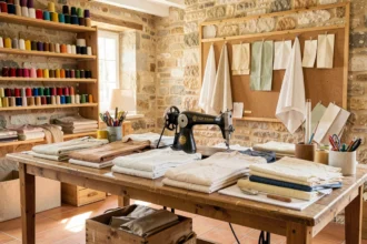 Atelier de retoucherie artisanal en Provence avec machine à coudre vintage, bobines de fil colorées et tissus pliés sur une table en bois