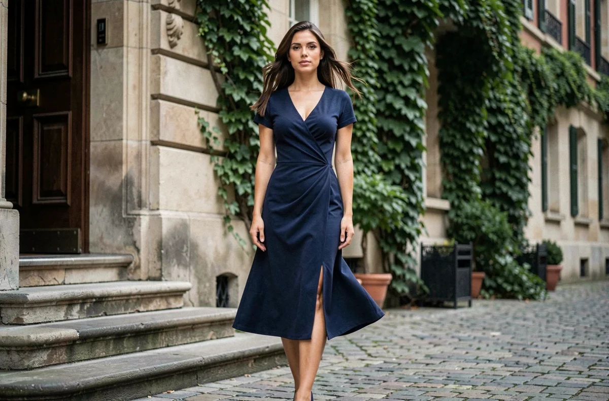 Femme en robe de cocktail bleu marine portefeuille devant un bâtiment en pierre européen
