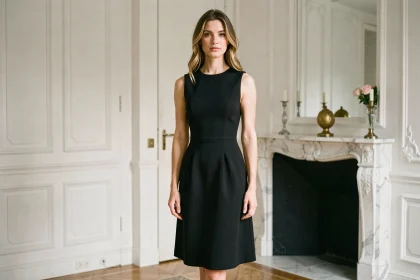 Femme portant une robe de cocktail noire midi à coupe A-line dans un appartement parisien élégant