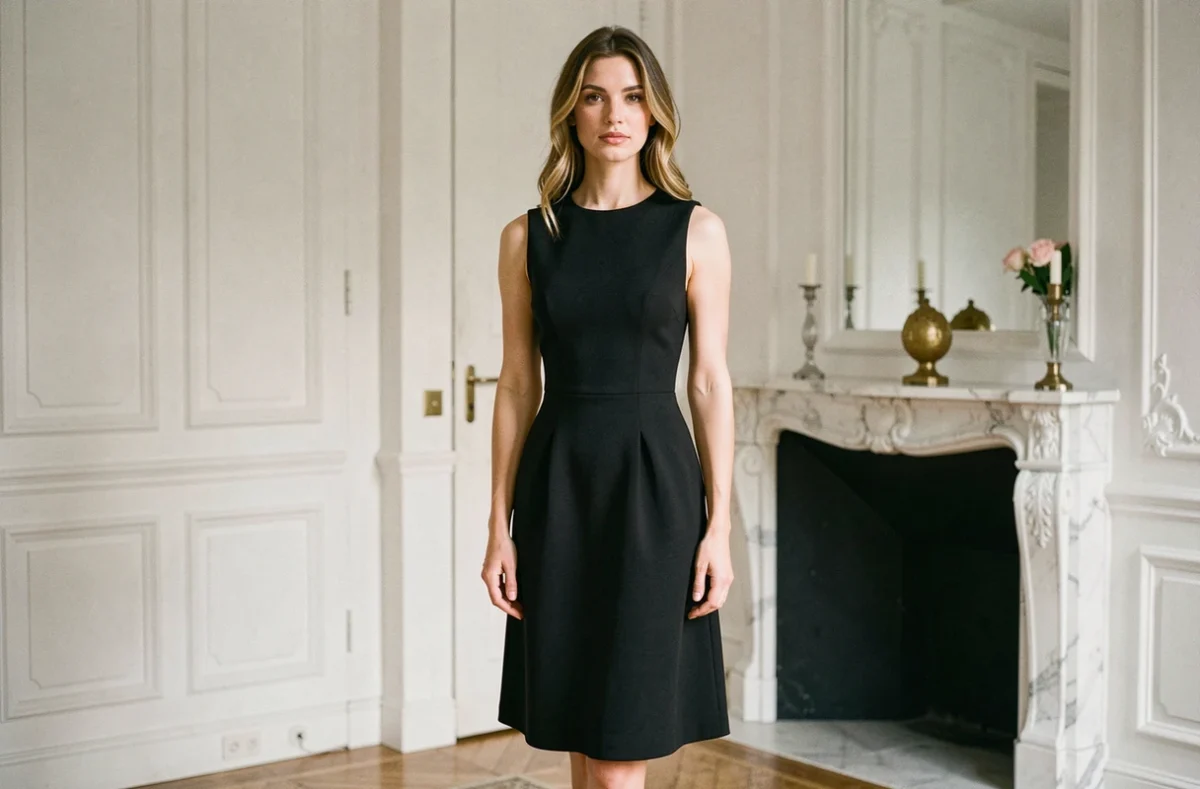 Femme portant une robe de cocktail noire midi à coupe A-line dans un appartement parisien élégant