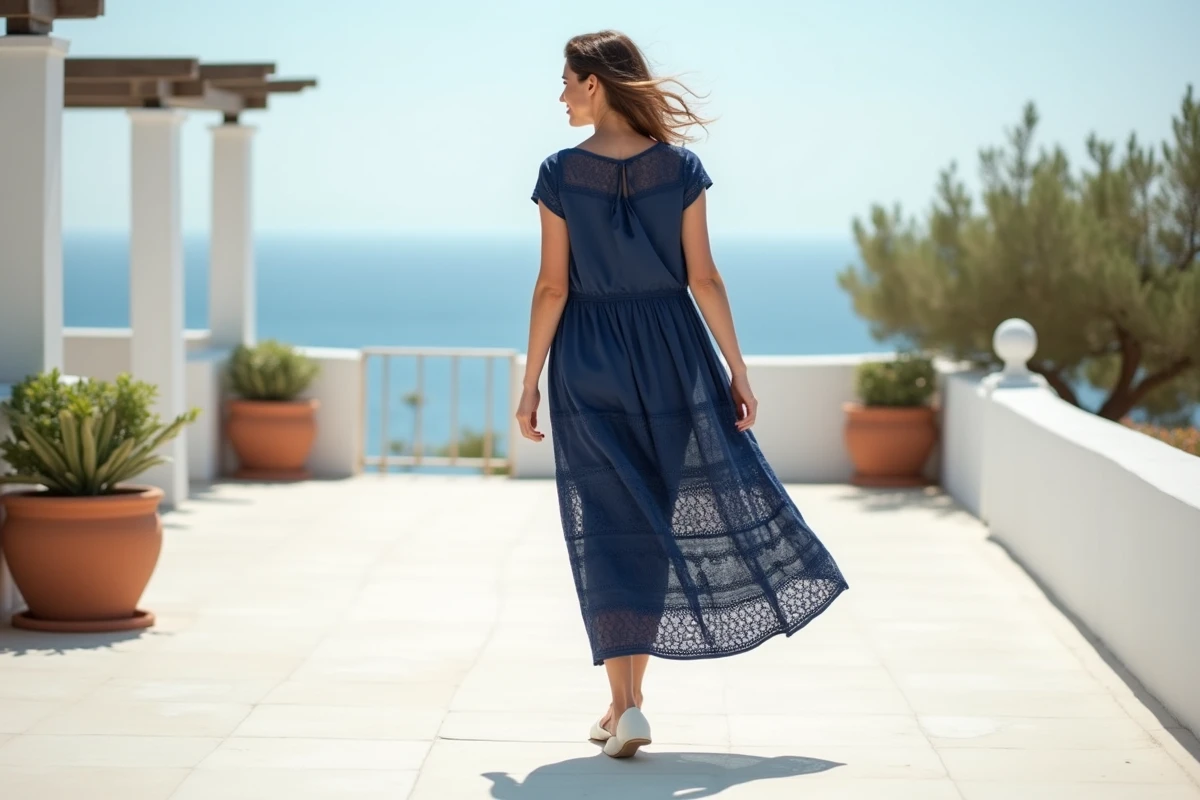 Femme en robe longue bleue marine broderie anglaise avec mules blanches sur terrasse méditerranéenne, association couleurs chaussures robe longue