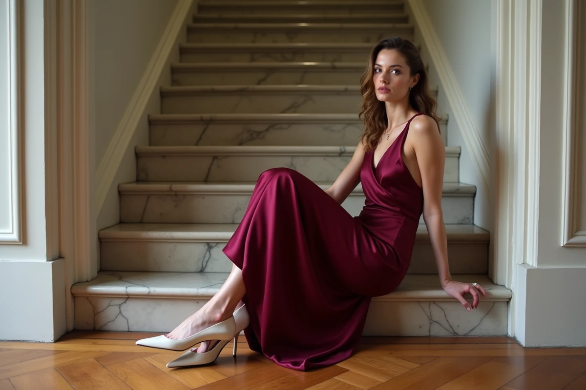Femme assise en robe longue bordeaux satin avec escarpins ivoire, exemple d'association couleurs chaussures et robe longue