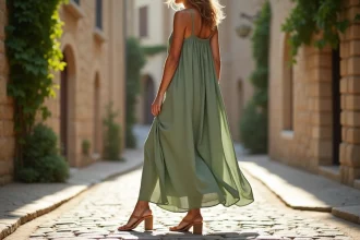 Femme en robe longue verte portant des sandales beige à talon bloc sur des pavés, association couleurs robe longue chaussures
