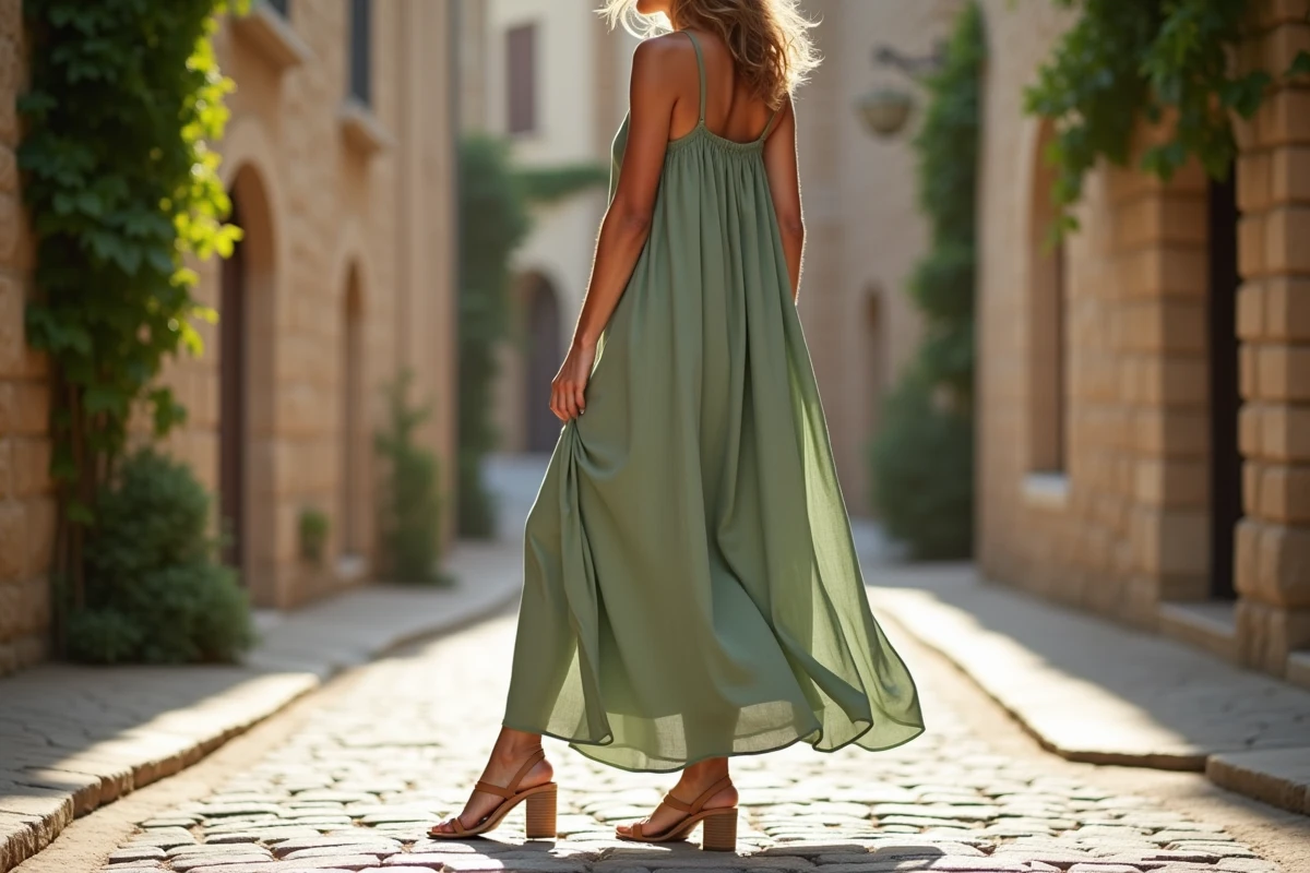 Femme en robe longue verte portant des sandales beige à talon bloc sur des pavés, association couleurs robe longue chaussures
