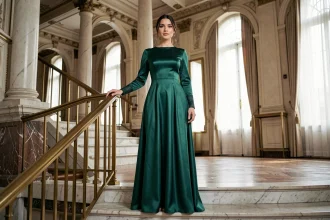 Femme en robe de soirée longue à manches satinée vert émeraude sur un escalier en marbre dans un palace parisien