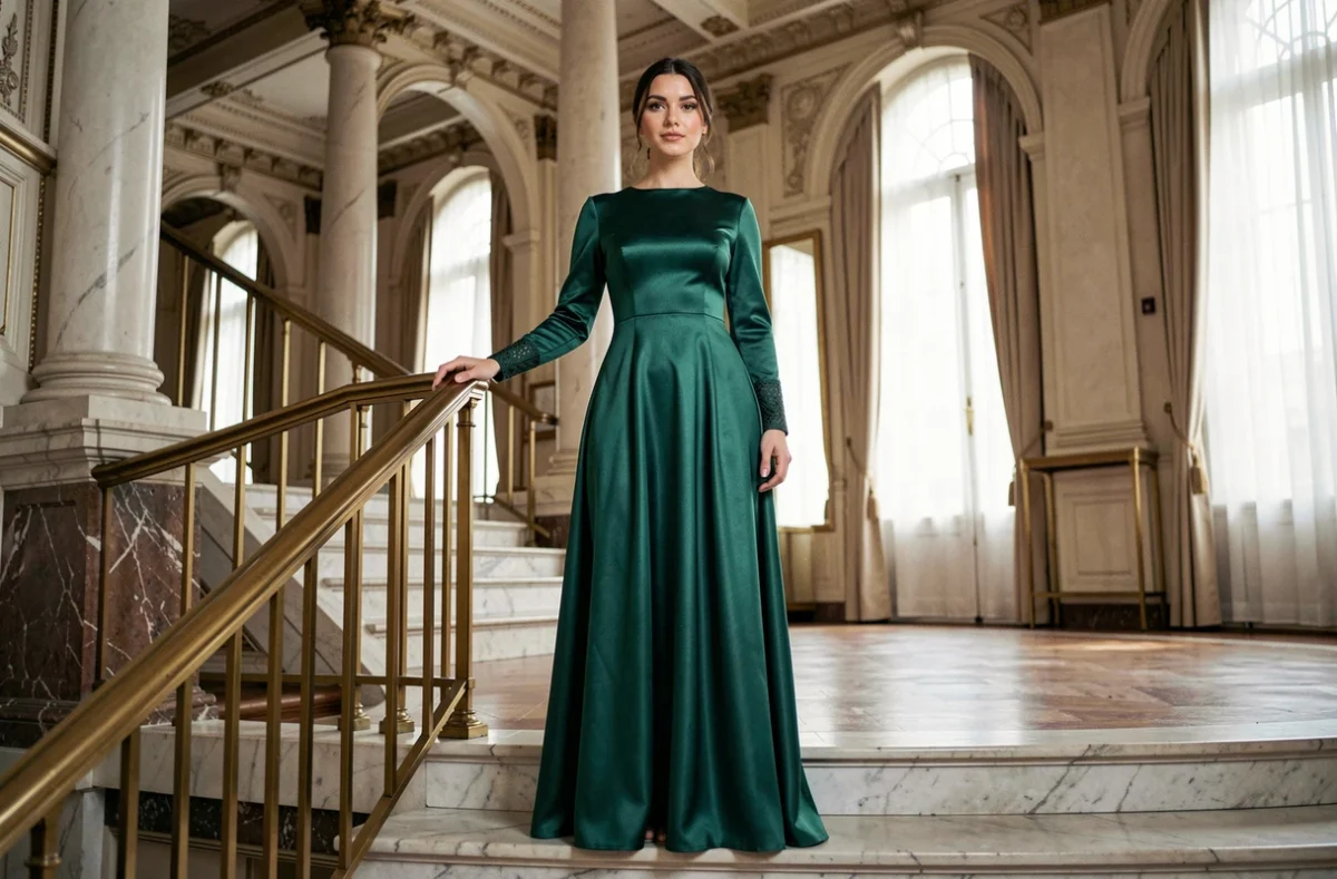 Femme en robe de soirée longue à manches satinée vert émeraude sur un escalier en marbre dans un palace parisien