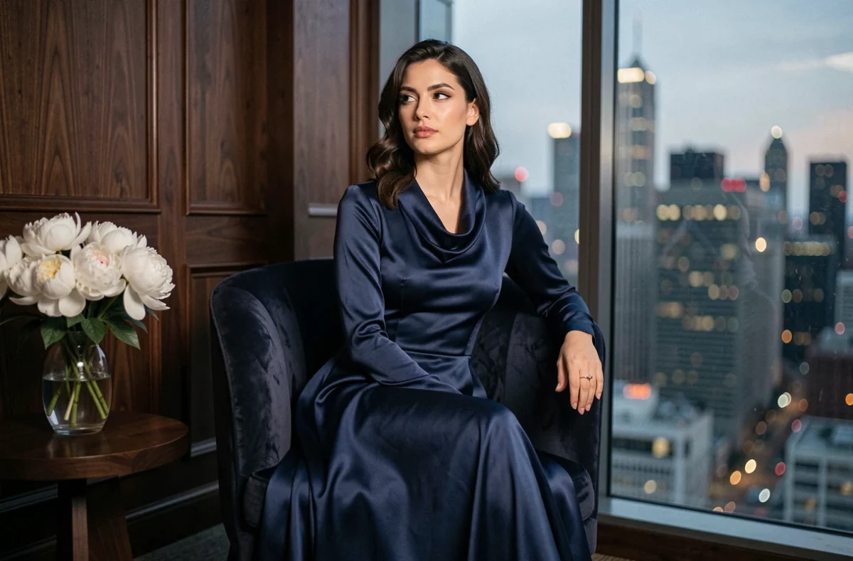 Femme en robe de soirée longue satinée bleu nuit assise près d'une fenêtre avec vue sur la ville au crépuscule