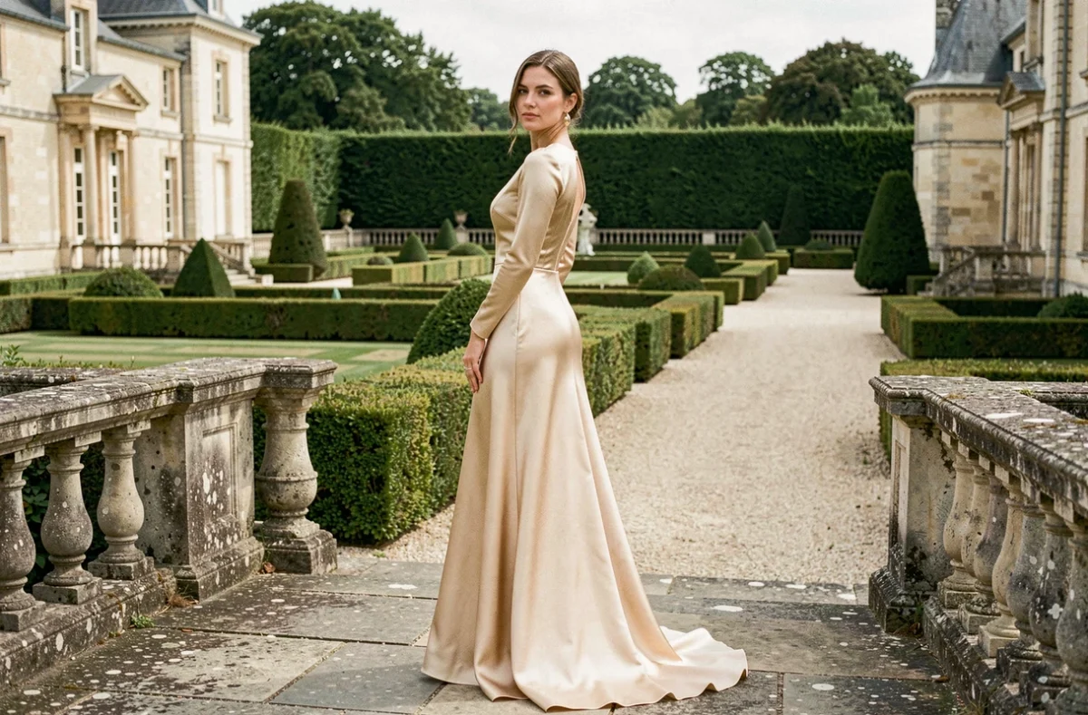 Femme en robe longue à manches satinée dorée champagne sur la terrasse en pierre d'un château avec jardin à la française