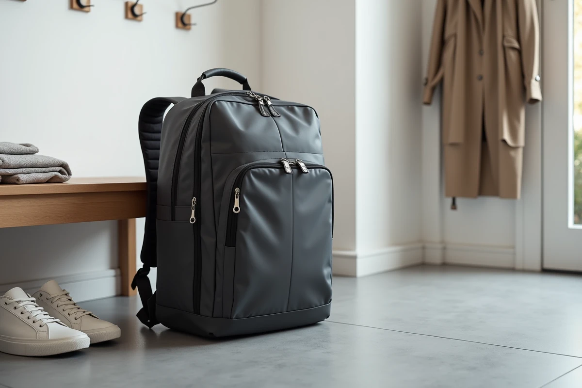 Sac à dos pour ordinateur portable posé dans une entrée minimaliste avec compartiment laptop visible et sangles rembourrées