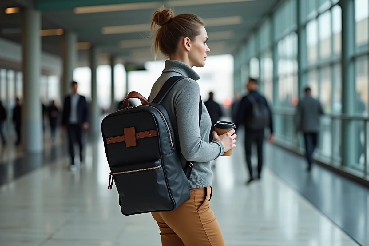 Femme active en gare portant un sac à dos de travail léger en nylon noir avec détails en cuir