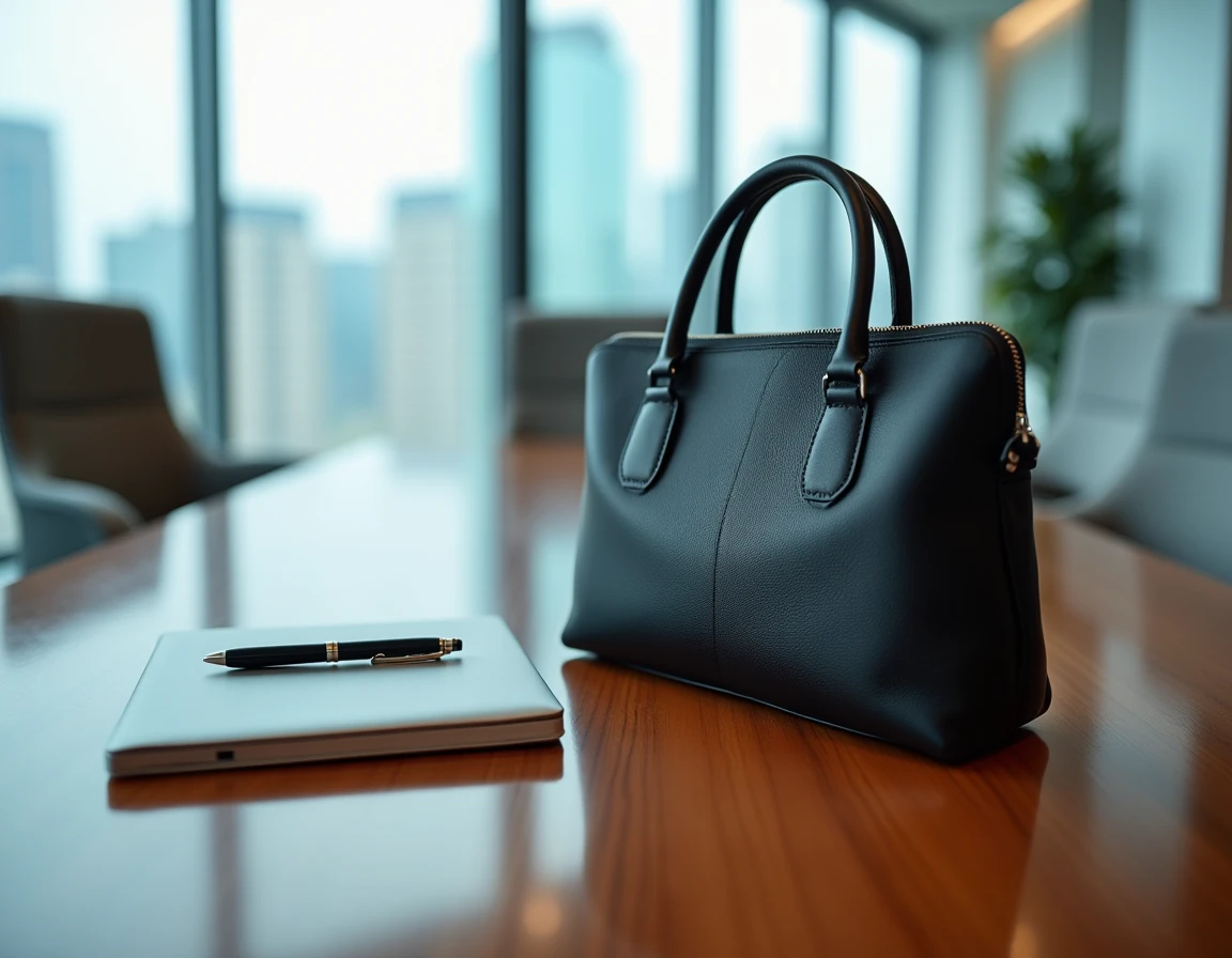 Sac à main élégant en cuir noir mat posé sur une table de réunion avec un ordinateur portable et des accessoires de bureau professionnels