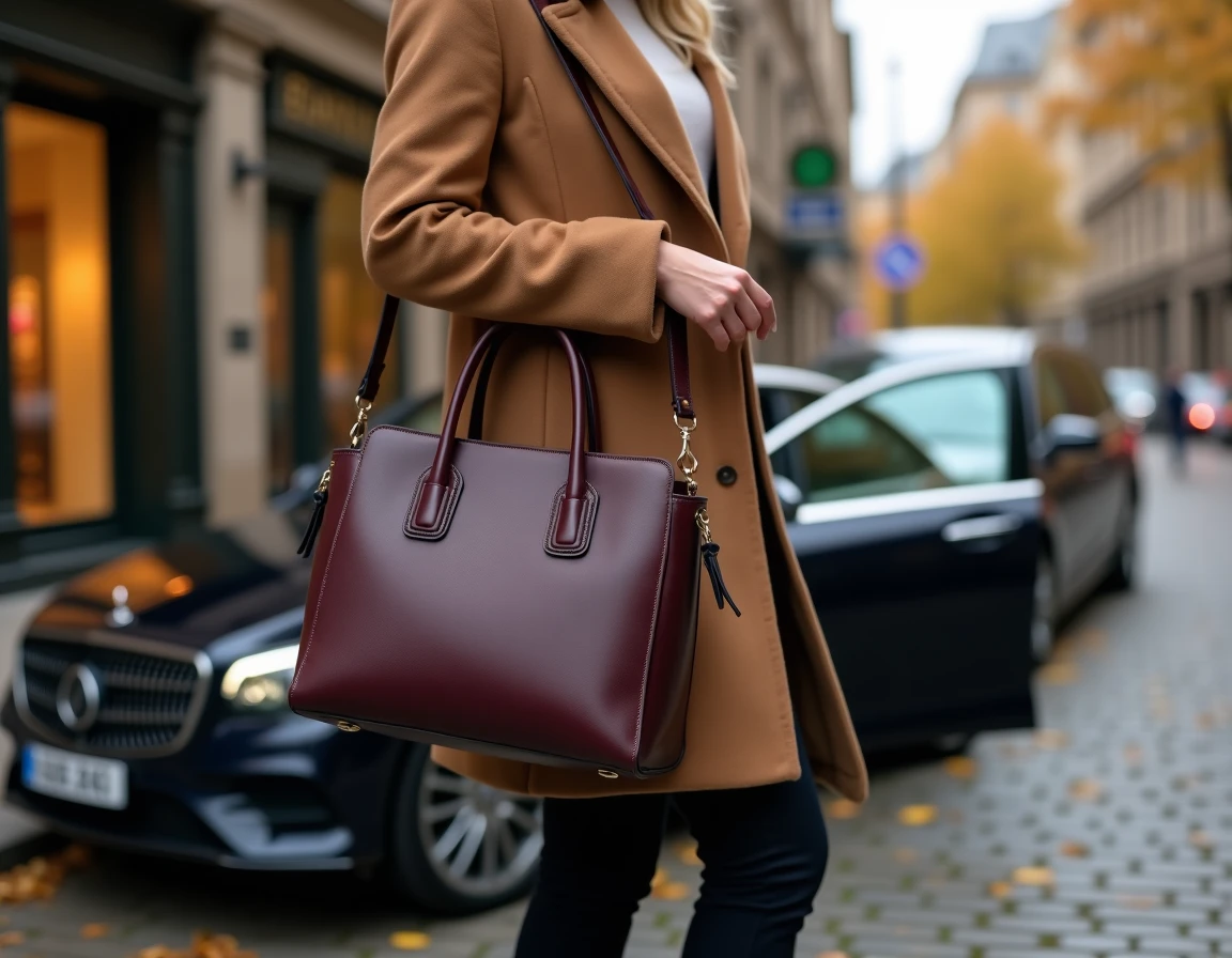 Femme élégante en manteau camel sortant d'une berline avec un sac à main en cuir bordeaux structuré dans une rue urbaine chic en automne