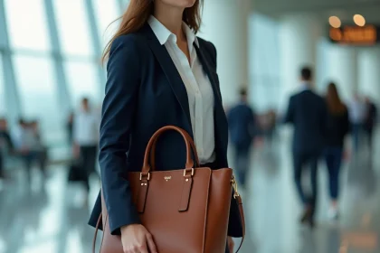Femme professionnelle en blazer marine portant un sac à main en cuir cognac élégant dans un terminal d'aéroport moderne