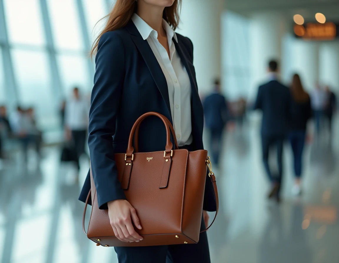 Femme professionnelle en blazer marine portant un sac à main en cuir cognac élégant dans un terminal d'aéroport moderne