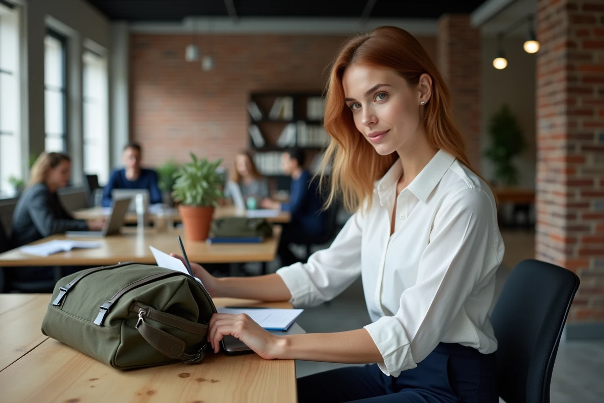 Femme au bureau dans un espace de coworking avec un sac de travail léger en toile olive ouvert sur le bureau