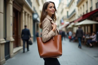 Femme professionnelle tenant un sac de travail léger en cuir cognac dans une rue parisienne