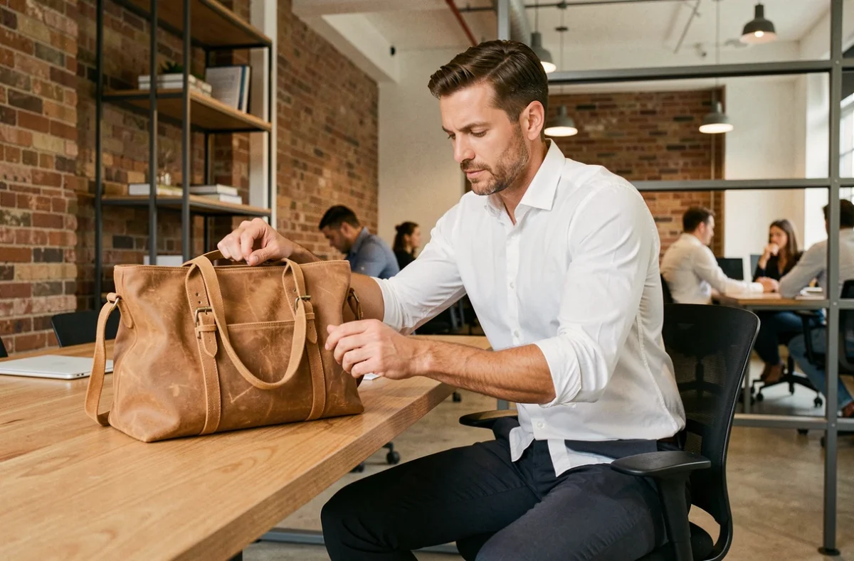 Professionnel posant une sacoche en tissu ciré avec boucles en laiton sur un bureau en bois dans un bureau moderne