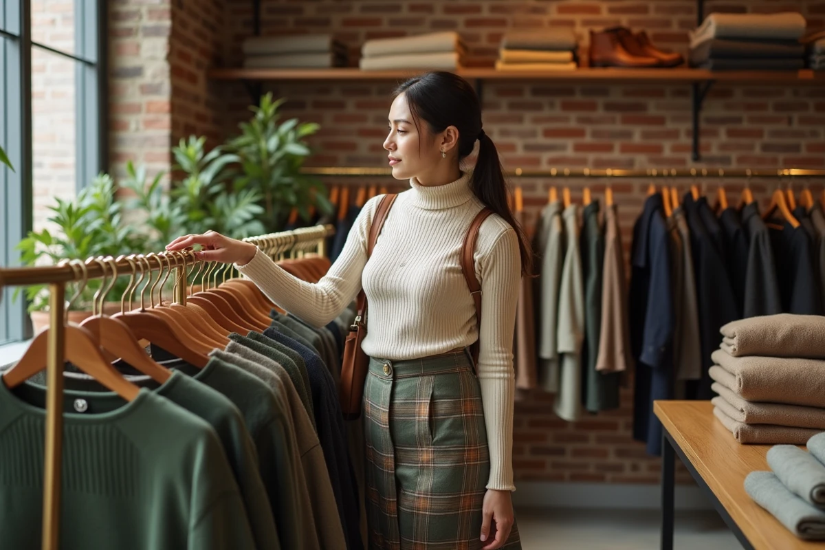 Jeune femme élégante explorant les vêtements dans une boutique mode indépendante au style soigné avec murs en briques et tringles en laiton