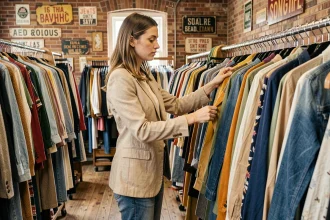 Jeune femme qui fait du shopping dans une friperie physique vintage, parcourant des vêtements de seconde main entre des étagères en bois