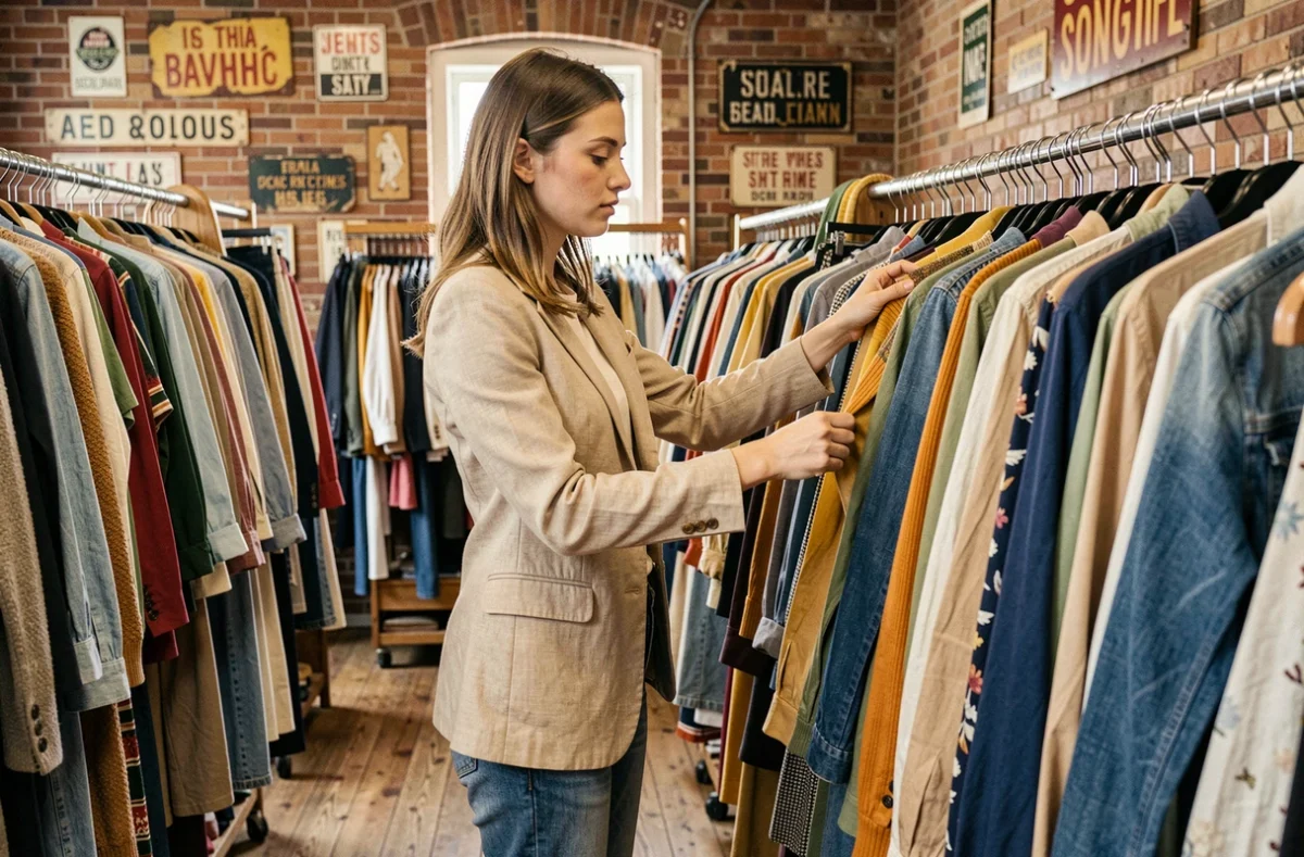 Jeune femme qui fait du shopping dans une friperie physique vintage, parcourant des vêtements de seconde main entre des étagères en bois