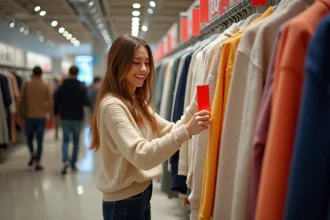 Jeune femme faisant du shopping pendant les soldes dans un grand magasin français, parcourant des rayons vêtements avec des étiquettes de réduction rouges