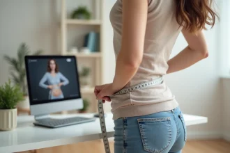 Femme mesurant sa silhouette avec un mètre ruban devant un écran affichant un avatar virtuel