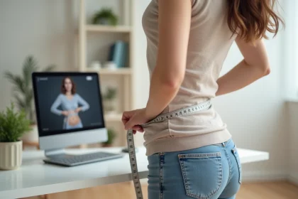 Femme mesurant sa silhouette avec un mètre ruban devant un écran affichant un avatar virtuel