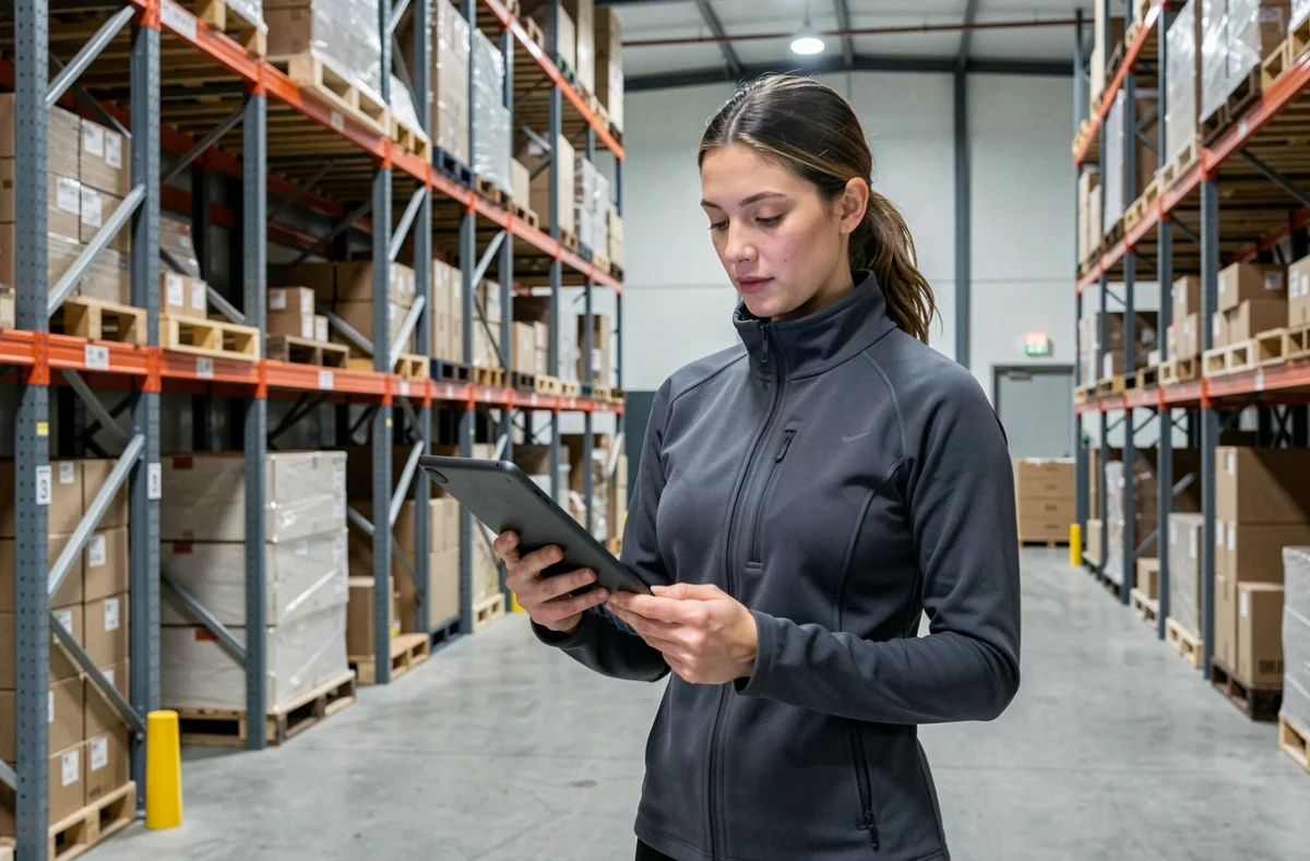 Femme logisticienne en entrepôt portant une veste softshell Modyf gris foncé avec col montant et coutures ergonomiques
