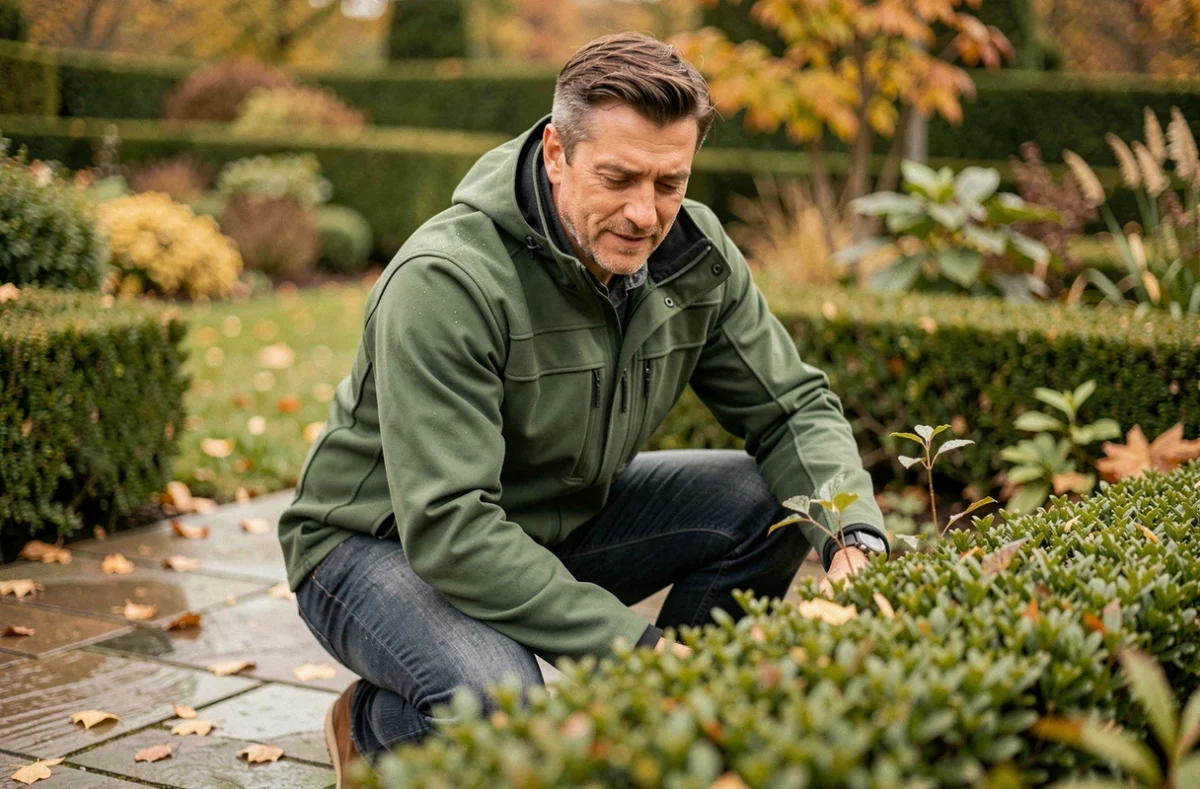 Jardinier paysagiste accroupi dans un jardin portant une veste softshell Modyf verte avec manches articulées et poches poitrine