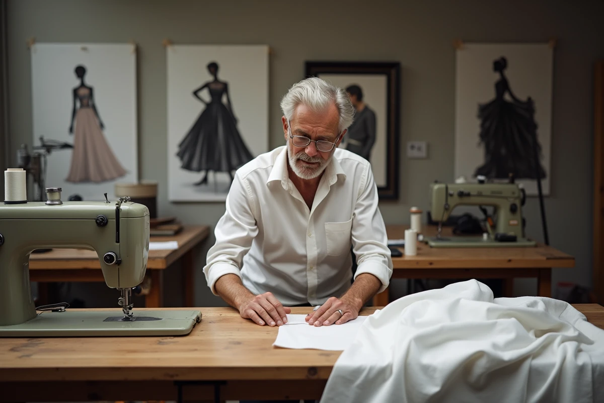 Tailleur expérimenté coudant à la main dans un atelier professionnel
