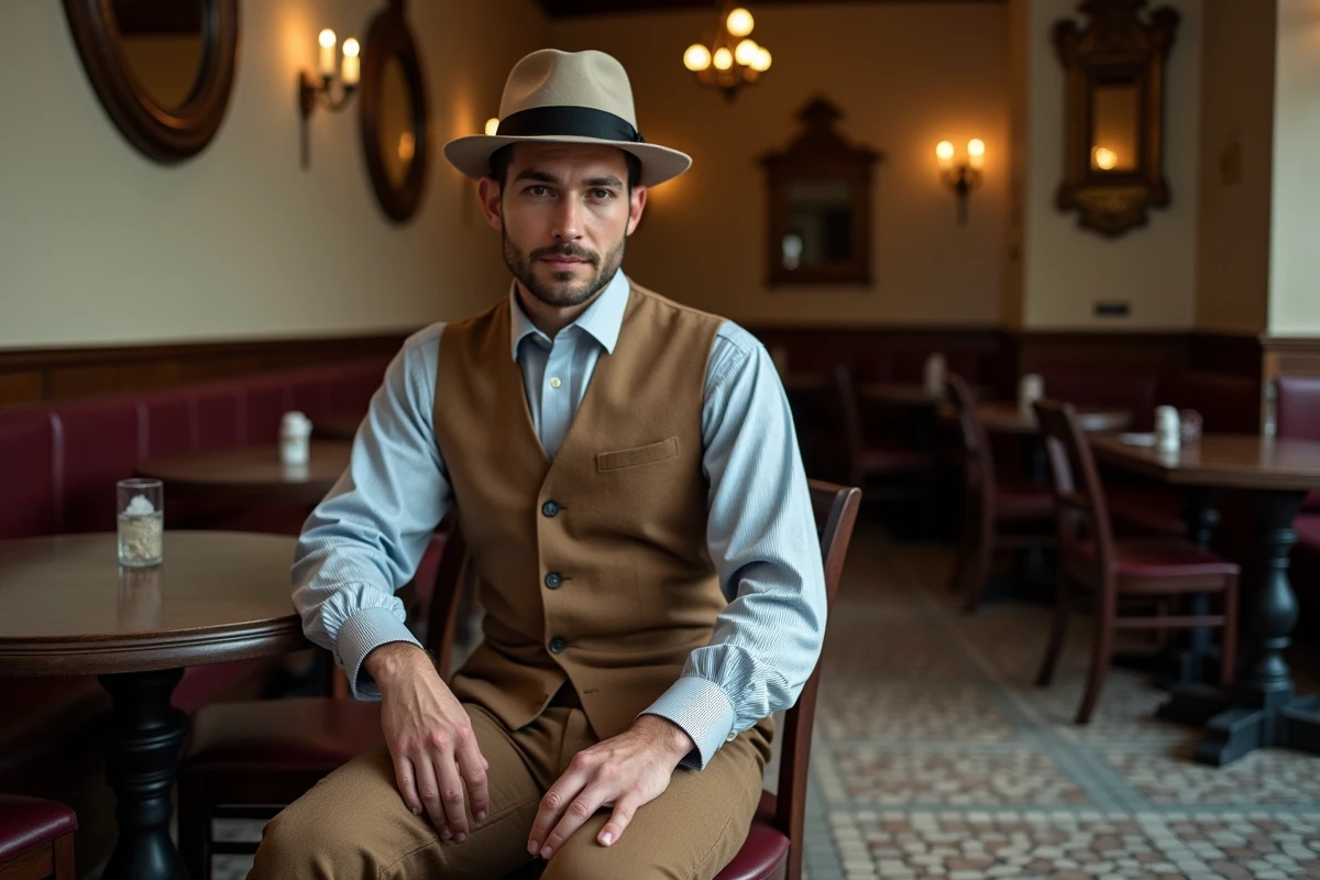 Homme portant un pantalon taille haute années 30 et gilet dans un café rétro au décor vintage