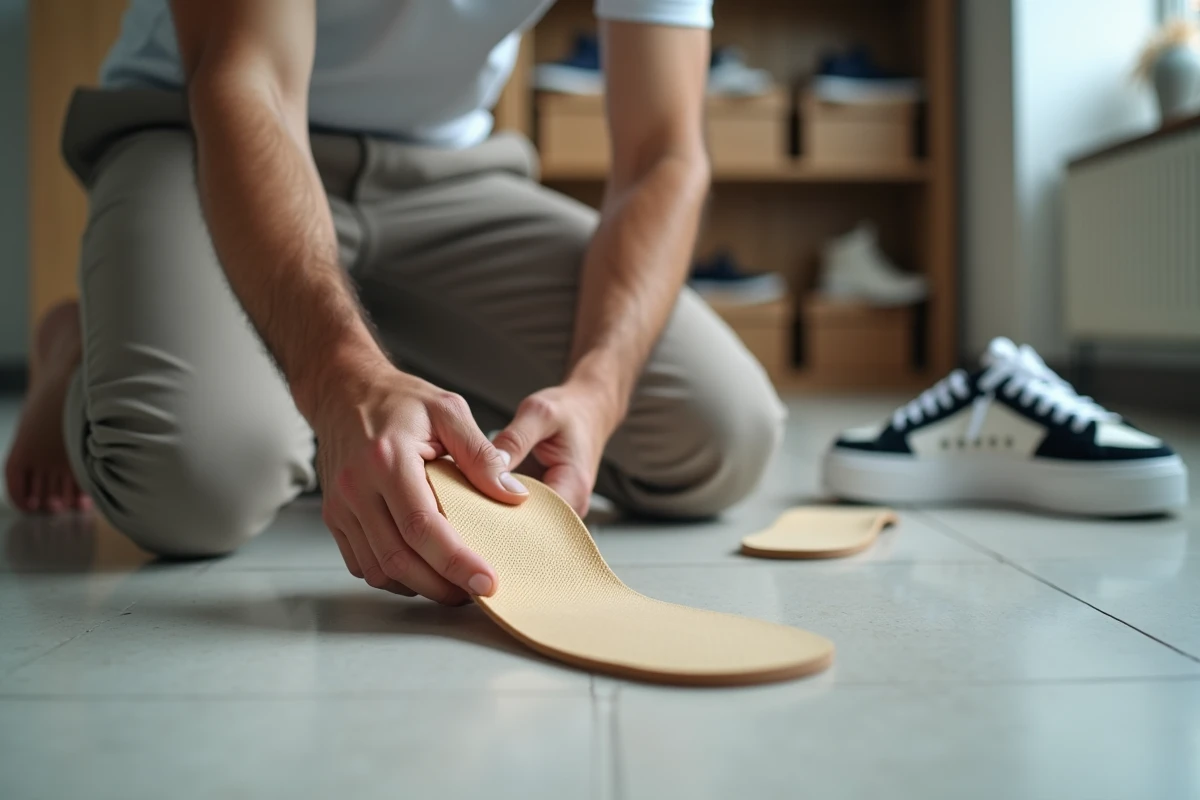 Homme testant le soutien de la voûte plantaire d'une semelle pour chaussure trop grande en pressant l'arche avec le pouce