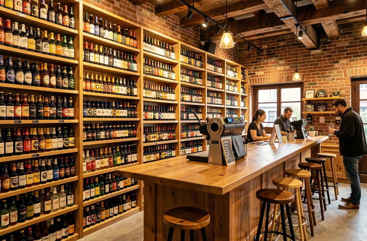 V and B, concept store boissons avec mur de bières artisanales, vins et spiritueux sur des étagères en bois et comptoir de dégustation convivial