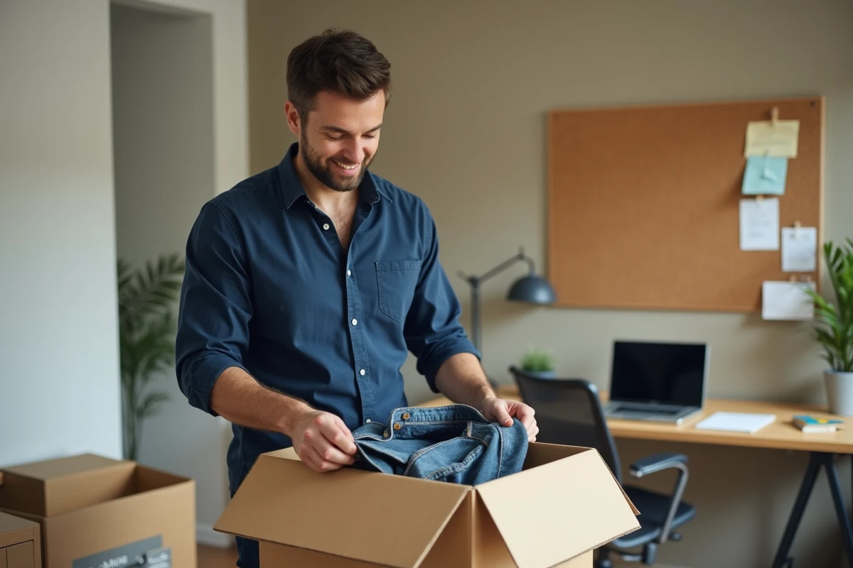 Vendeur Vinted préparant un colis pour un envoi négocié sans frais de port