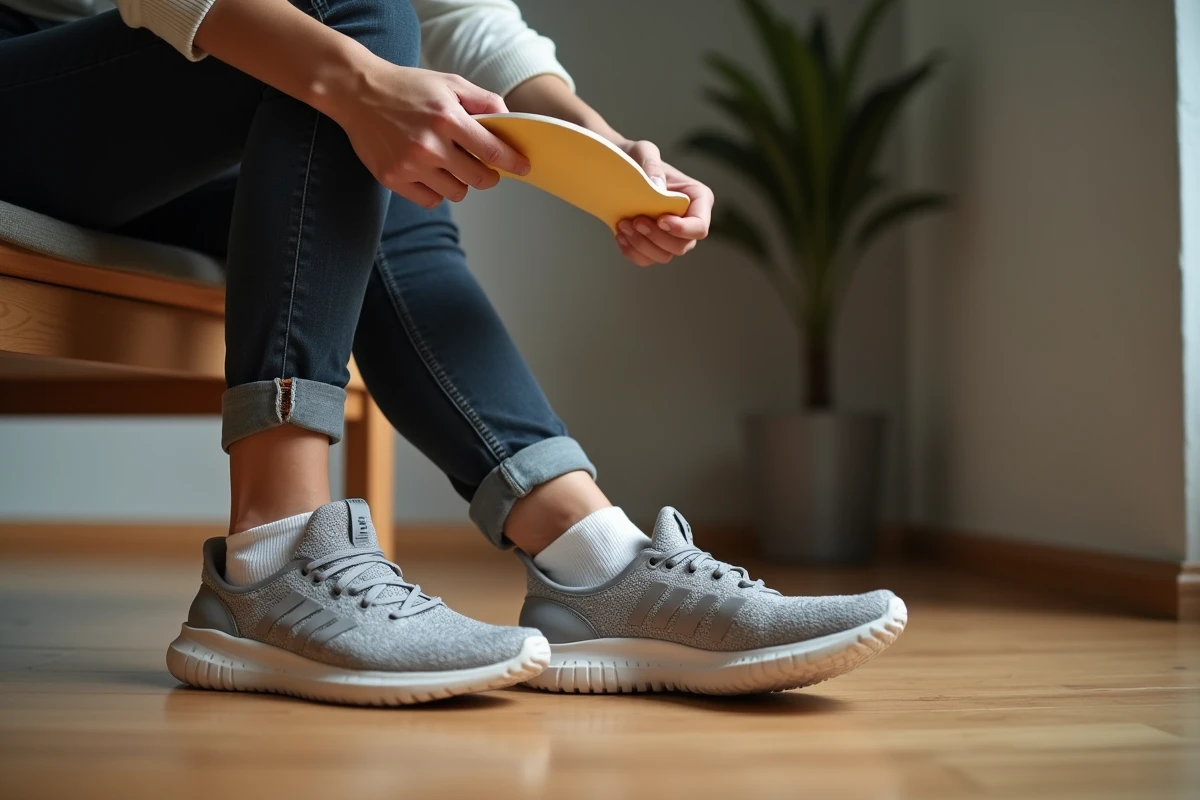 Femme examinant une semelle orthopédique retirée d'une chaussure trop grande, vérification du soutien de la voûte plantaire