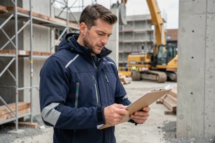 Ouvrier du bâtiment portant une veste softshell Modyf bleu marine sur un chantier de construction, avec des bandes réfléchissantes et des poches zippées