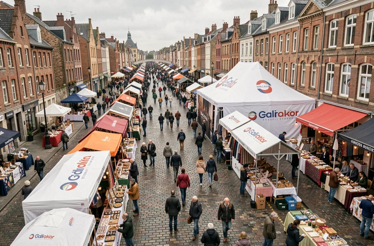 Vue large d'un braderie traditionnel du nord de la France avec stands de grandes marques et vendeurs indépendants sur une avenue pavée animée par de nombreux visiteurs