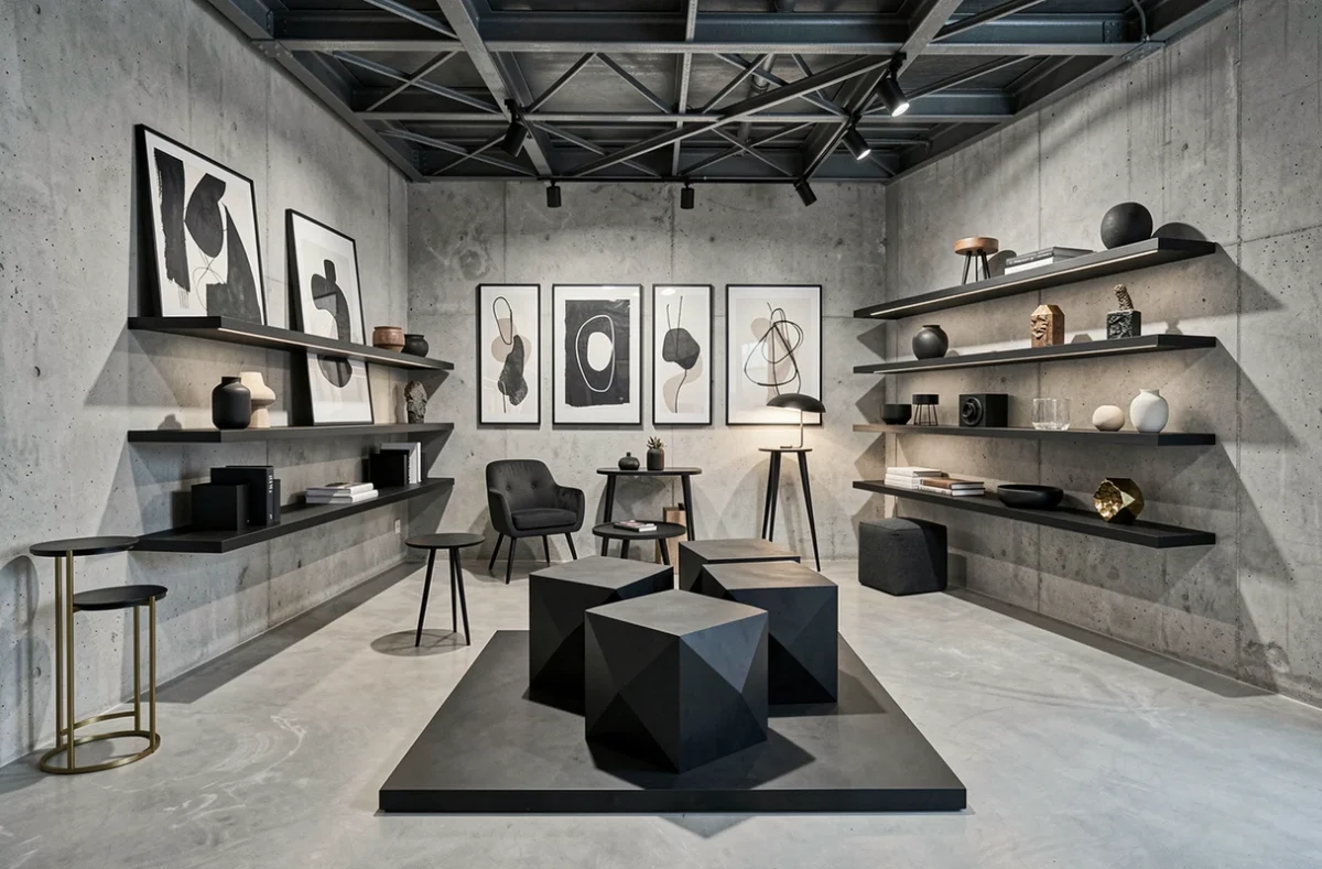 W.A.N. concept store de design contemporain avec mobilier géométrique, accents laiton et objets architecturaux sur fond béton brut